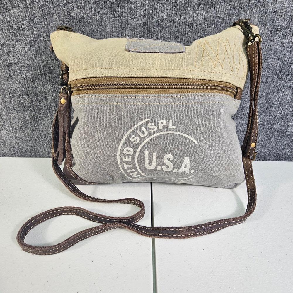 Myra Bag Crossbody Shoulder Bag Upcycled Canvas Leather USA Graphic Gray Tan EUC